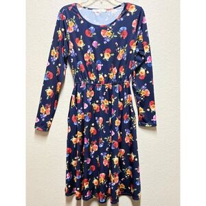 Meaneor Navy Blue Floral Long Sleeve Pocket Midi Dress Elastic Waist Size Small